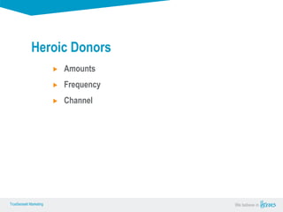 True Sense
TrueSense® Marketing We believe in
True Sense
TrueSense® Marketing
Amounts
Frequency
Channel
Heroic Donors
 