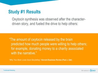 True Sense
TrueSense® Marketing We believe in
True Sense
TrueSense® Marketing
Study #1 Results
Oxytocin synthesis was observed after the character-
driven story, and fueled the drive to help others:
“The amount of oxytocin released by the brain
predicted how much people were willing to help others;
for example, donating money to a charity associated
with the narrative.”
“Why Your Brain Loves Good Storytelling”; Harvard Business Review (Paul J. Zak)
 