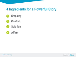 True Sense
TrueSense® Marketing We believe in
True Sense
TrueSense® Marketing
4 Ingredients for a Powerful Story
Affirm
1
2
3
4
Empathy
Conflict
Solution
 