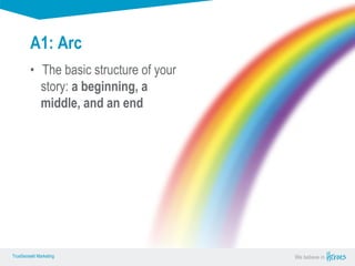 True Sense
TrueSense® Marketing We believe in
True Sense
TrueSense® Marketing
A1: Arc
• The basic structure of your
story: a beginning, a
middle, and an end
 
