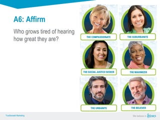 True Sense
TrueSense® Marketing We believe in
True Sense
TrueSense® Marketing
A6: Affirm
Who grows tired of hearing
how great they are?
 