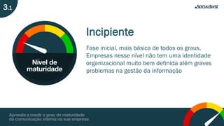Incipiente
Fase inicial, mais básica de todos os graus.
Empresas nesse nível não tem uma identidade
organizacional muito bem definida além graves
problemas na gestão da informação
3.1
 