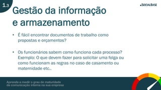 Gestão da informação
e armazenamento
• É fácil encontrar documentos de trabalho como
propostas e orçamentos?
• Os funcionários sabem como funciona cada processo?
Exemplo: O que devem fazer para solicitar uma folga ou
como funcionam as regras no caso de casamento ou
maternidade etc..
1.3
 