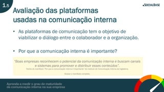 Avaliação das plataformas
usadas na comunicação interna
• As plataformas de comunicação tem o objetivo de
viabilizar o diálogo entre o colaborador e a organização.
• Por que a comunicação interna é importante?
“Boas empresas reconhecem o potencial da comunicação interna e buscam canais
e sistemas para promover e distribuir esses conteúdos”.
Trecho do manifesto “Por que a comunicação interna é importante” do instituto de Comunicação Interna da Inglaterra.
Acesse o manifesto completo.
1.5
 