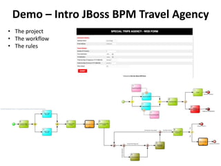 Demo – Intro JBoss BPM Travel Agency
• The project
• The workflow
• The rules
 