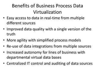 Benefits of Business Process Data
Virtualization
• Easy access to data in real-time from multiple
different sources
• Improved data quality with a single version of the
truth
• More agility with simplified process models
• Re-use of data integrations from multiple sources
• Increased autonomy for lines of business with
departmental virtual data bases
• Centralized IT control and auditing of data sources
 