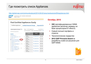 10 ©2015 PUBLIC
Где посмотреть список Appliances
http://global.sap.com/community/ebook/2014-09-02-hana-hardware/enEN/appliances.html
Октябрь 2015
 242 сертифицированных HANA
appliances (включая серверы на
базе процессоров E7-x8xxv3)
 Самый полный портфель в
отрасли
 Технологическое лидерство
 2012 SAP Pinnacle Award за
разработку scale-out решения для
SAP HANA
 