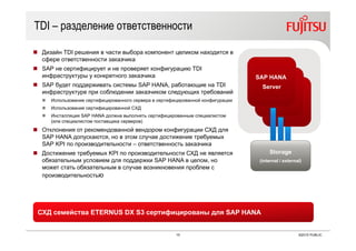 15 ©2015 PUBLIC
TDI – разделение ответственности
 Дизайн TDI решения в части выбора компонент целиком находится в
сфере ответственности заказчика
 SAP не сертифицирует и не проверяет конфигурацию TDI
инфраструктуры у конкретного заказчика
 SAP будет поддерживать системы SAP HANA, работающие на TDI
инфраструктуре при соблюдении заказчиком следующих требований
 Использование сертифицированного сервера в сертифицированной конфигурации
 Использование сертифицированной СХД
 Инсталляция SAP HANA должна выполнять сертифицированным специалистом
(или специалистом поставщика серверов)
 Отклонения от рекомендованной вендором конфигурации СХД для
SAP HANA допускаются, но в этом случае достижение требуемых
SAP KPI по производительности – ответственность заказчика
 Достижение требуемых KPI по производительности СХД не является
обязательным условием для поддержки SAP HANA в целом, но
может стать обязательным в случае возникновения проблем с
производительностью
SAP HANA
Server
SAP HANA
Server
SAP HANA
Server
Storage
(internal / external)
СХД семейства ETERNUS DX S3 сертифицированы для SAP HANA
 