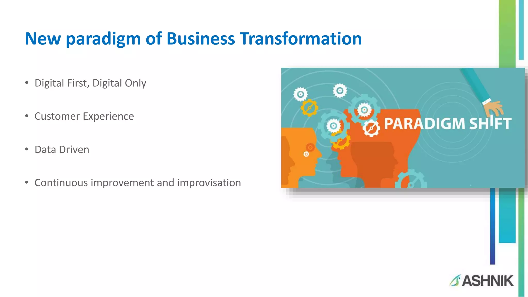 New paradigm of Business Transformation
• Digital First, Digital Only
• Customer Experience
• Data Driven
• Continuous improvement and improvisation