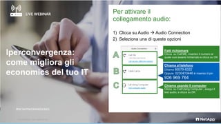 LIVE WEBINAR
© 2018 NetApp. Tutti i diritti riservati.
Per attivare il
collegamento audio:
1) Clicca su Audio → Audio Connection
2) Seleziona una di queste opzioni
Chiama usando il computer
Clicca su Call Using Computer , esegui il
test audio, e clicca su OK
Chiama al telefono
Chiama 80079-8322
Oppure 0230410446 e inserisci il pin
926 969 764
Fatti richiamare
Clicca su Call ME, inserisci il numero al
quale vuoi essere richiamato e clicca su OK
#NETAPPWEBINARSERIES
Iperconvergenza:
come migliora gli
economics del tuo IT
 