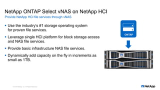 NetApp ONTAP Select vNAS on NetApp HCI
▪ Use the industry’s #1 storage operating system
for proven file services.
▪ Levera...