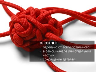 СЛОЖНОЕ
- отдельно от всего остального
- в самом начале или отдельной
частью
- сокращение деталей
 