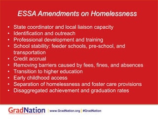 • State coordinator and local liaison capacity
• Identification and outreach
• Professional development and training
• School stability: feeder schools, pre-school, and
transportation
• Credit accrual
• Removing barriers caused by fees, fines, and absences
• Transition to higher education
• Early childhood access
• Separation of homelessness and foster care provisions
• Disaggregated achievement and graduation rates
ESSA Amendments on Homelessness
| www.GradNation.org | #GradNation
 