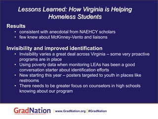 Lessons Learned: How Virginia is Helping
Homeless Students
Results
• consistent with anecdotal from NAEHCY scholars
• few knew about McKinney-Vento and liaisons
Invisibility and improved identification
• Invisibility varies a great deal across Virginia – some very proactive
programs are in place
• Using poverty data when monitoring LEAs has been a good
conversation starter about identification efforts
• New starting this year – posters targeted to youth in places like
restrooms
• There needs to be greater focus on counselors in high schools
knowing about our program
| www.GradNation.org | #GradNation
 