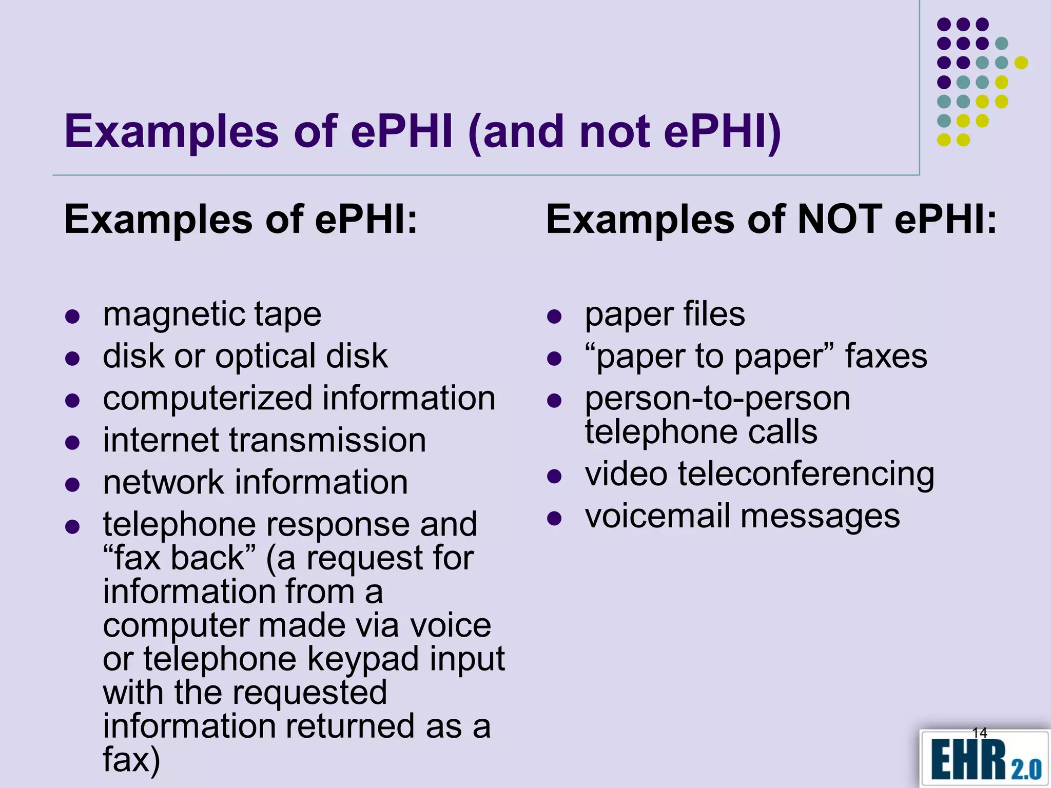 Examples of ePHI (and not ePHI)
Examples of ePHI:               Examples of NOT ePHI:

   magnetic tape                  paper files
   disk or optical disk           “paper to paper” faxes
   computerized information       person-to-person
   internet transmission           telephone calls
   network information            video teleconferencing
   telephone response and         voicemail messages
    “fax back” (a request for
    information from a
    computer made via voice
    or telephone keypad input
    with the requested
    information returned as a                                14

    fax)
 