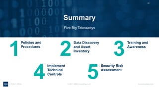 28WEBINAR
ksmconsulting.com©  2017  KSM  Consulting,  LLC
HIPAA  101:  5  Tips  to  Compliance 28
Summary
Five  Big  Takeaways
1
Policies  and  
Procedures
2
Data  Discovery  
and  Asset  
Inventory
3
Training  and  
Awareness
4
Implement  
Technical  
Controls
5
Security  Risk  
Assessment
 