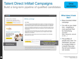 Talent Direct InMail Campaigns
Build a long-term pipeline of qualified candidates

Drive
candidates

What does it look
like?
 Mass branded InMail
campaign

 You tell us your ideal
hire – targeting is
more granular than
for Advertising
(includes
titles, keywords, educati
on etc…)

 The profiles of
people who click “I‟m
interested” are sent
to a project folder in
LinkedIn Recruiter
that all seat holders
can access

LinkedIn Confidential ©2012 All
TALENT SOLUTIONS 19
Rights Reserved

 