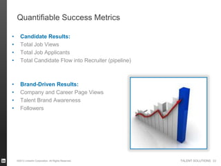 Quantifiable Success Metrics
•
•
•
•

Candidate Results:
Total Job Views
Total Job Applicants
Total Candidate Flow into Recruiter (pipeline)

•
•
•
•

Brand-Driven Results:
Company and Career Page Views
Talent Brand Awareness
Followers

©2013 LinkedIn Corporation. All Rights Reserved.

TALENT SOLUTIONS 23

 
