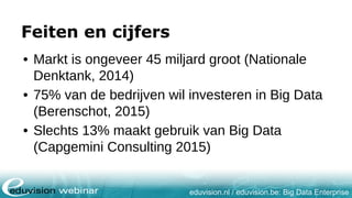 eduvision.nl / eduvision.be: Big Data Enterprise
Feiten en cijfers
• Markt is ongeveer 45 miljard groot (Nationale
Denktank, 2014)
• 75% van de bedrijven wil investeren in Big Data
(Berenschot, 2015)
• Slechts 13% maakt gebruik van Big Data
(Capgemini Consulting 2015)
 