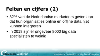 eduvision.nl / eduvision.be: Big Data Enterprise
Feiten en cijfers (2)
• 82% van de Nederlandse marketeers geven aan
dat hun organisaties online en offline data niet
kunnen integreren
• In 2018 zijn er ongeveer 8000 big data
specialisten te weinig
 