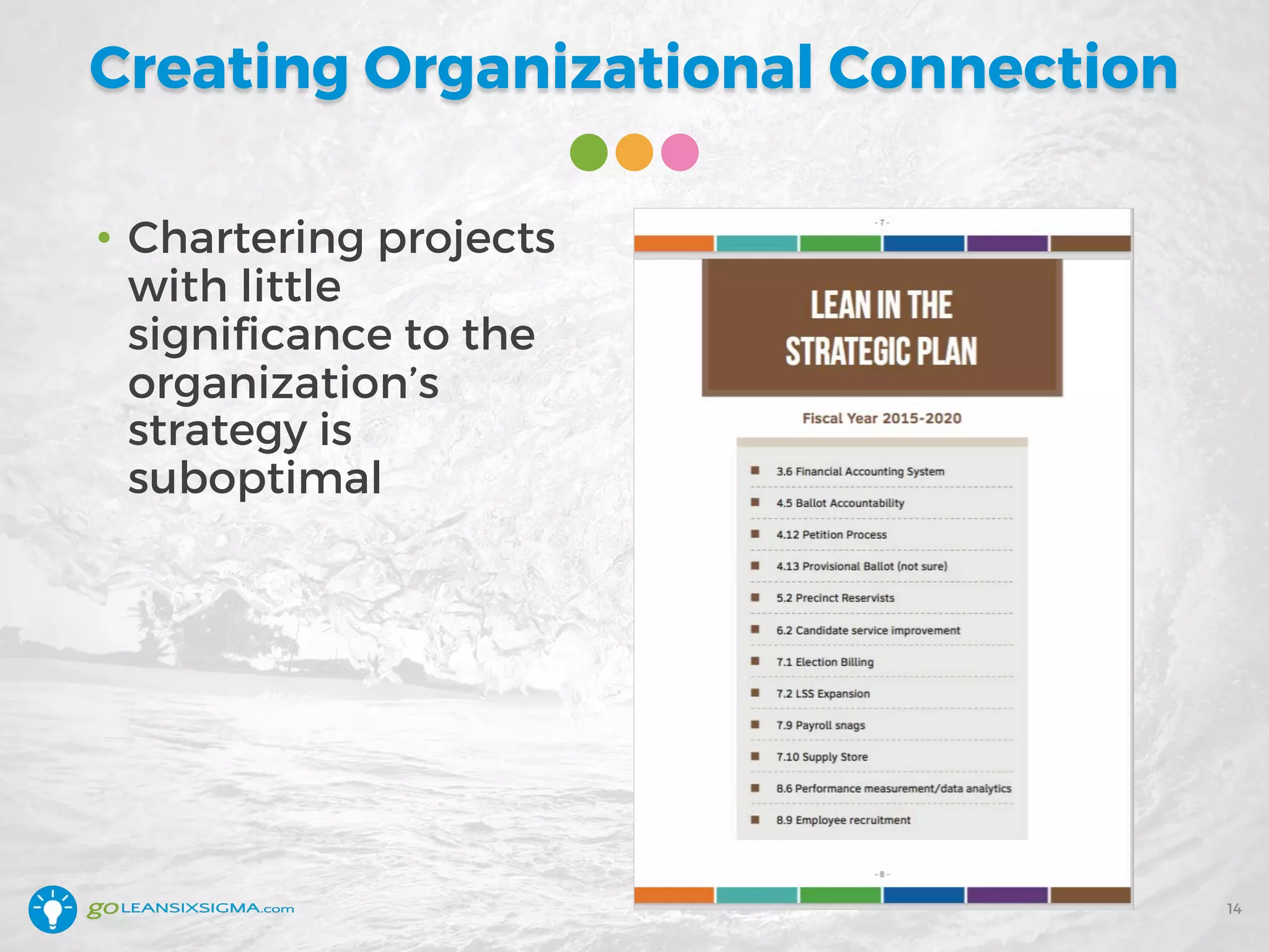 Creating Organizational Connection
• Chartering projects
with little
significance to the
organization’s
strategy is
suboptimal
14
 