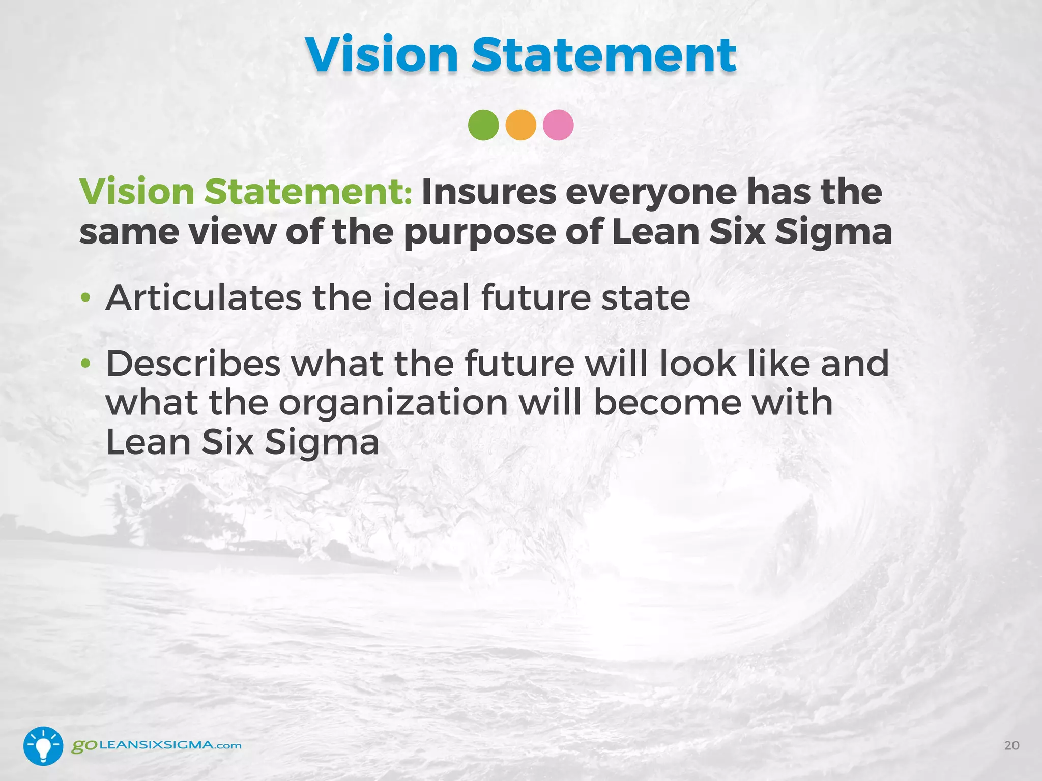 Vision Statement
Vision Statement: Insures everyone has the
same view of the purpose of Lean Six Sigma
• Articulates the ideal future state
• Describes what the future will look like and
what the organization will become with
Lean Six Sigma
20
 