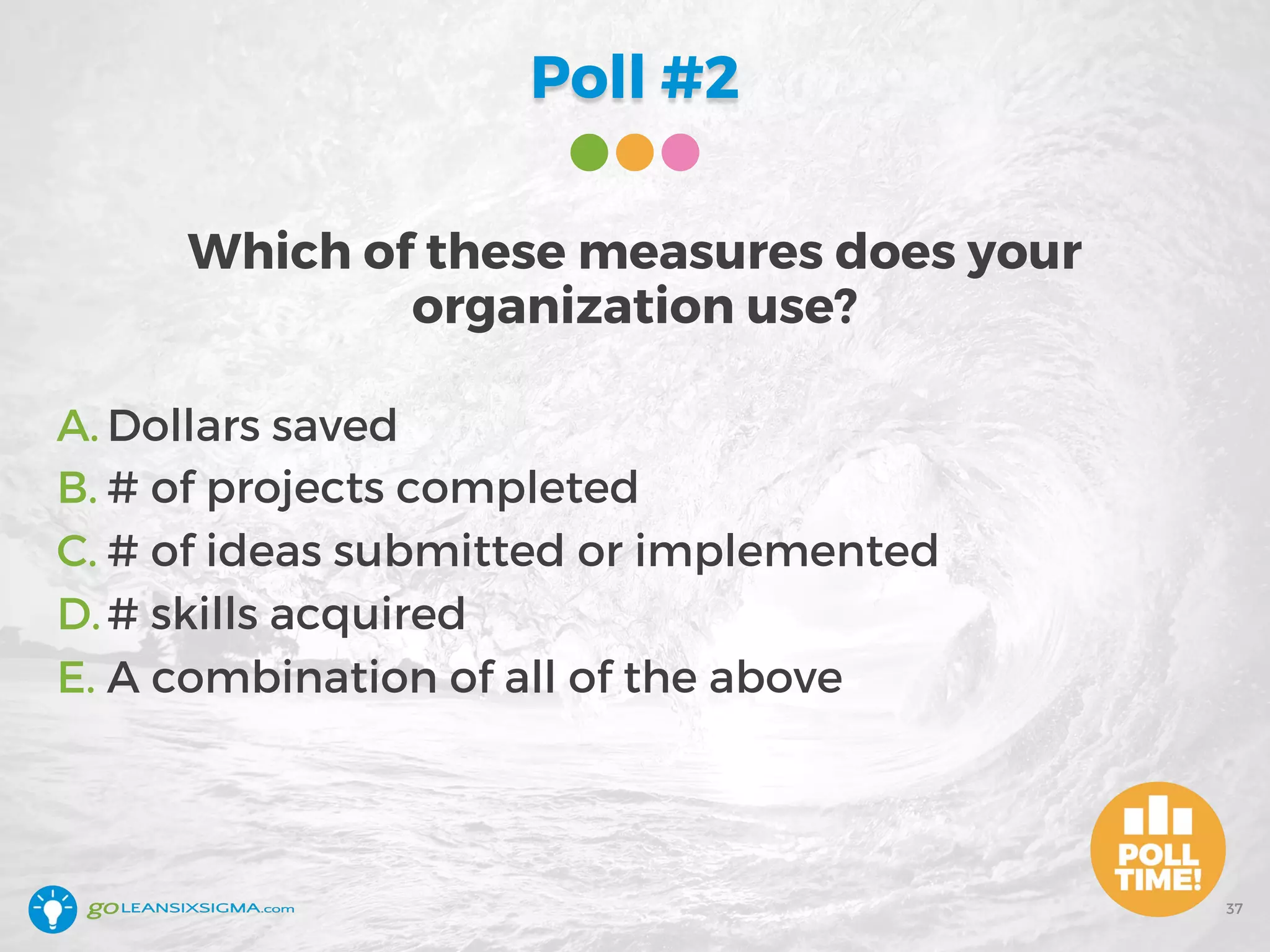 Poll #2
Which of these measures does your
organization use?
A. Dollars saved
B. # of projects completed
C. # of ideas submitted or implemented
D.# skills acquired
E. A combination of all of the above
37
 