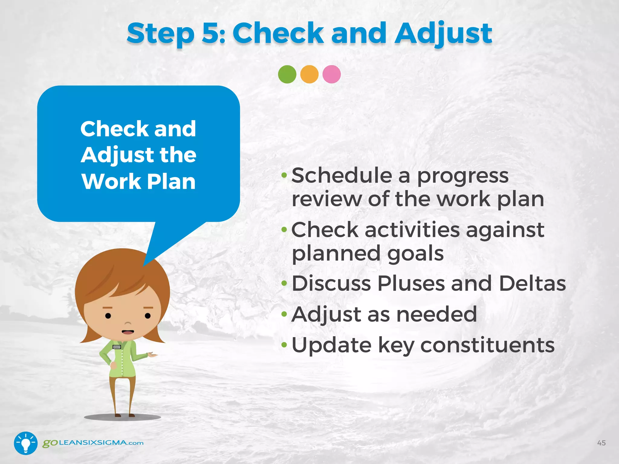 •Schedule a progress
review of the work plan
•Check activities against
planned goals
•Discuss Pluses and Deltas
•Adjust as needed
•Update key constituents
Step 5: Check and Adjust
45
Check and
Adjust the
Work Plan
 