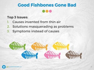 Good Fishbones Gone Bad
Top 3 Issues:
1. Causes invented from thin air
2. Solutions masquerading as problems
3. Symptoms instead of causes
26
 