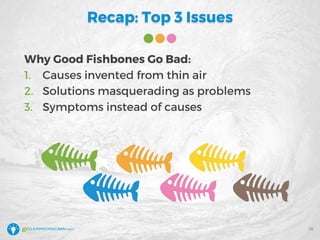 Recap: Top 3 Issues
Why Good Fishbones Go Bad:
1. Causes invented from thin air
2. Solutions masquerading as problems
3. Symptoms instead of causes
38
 