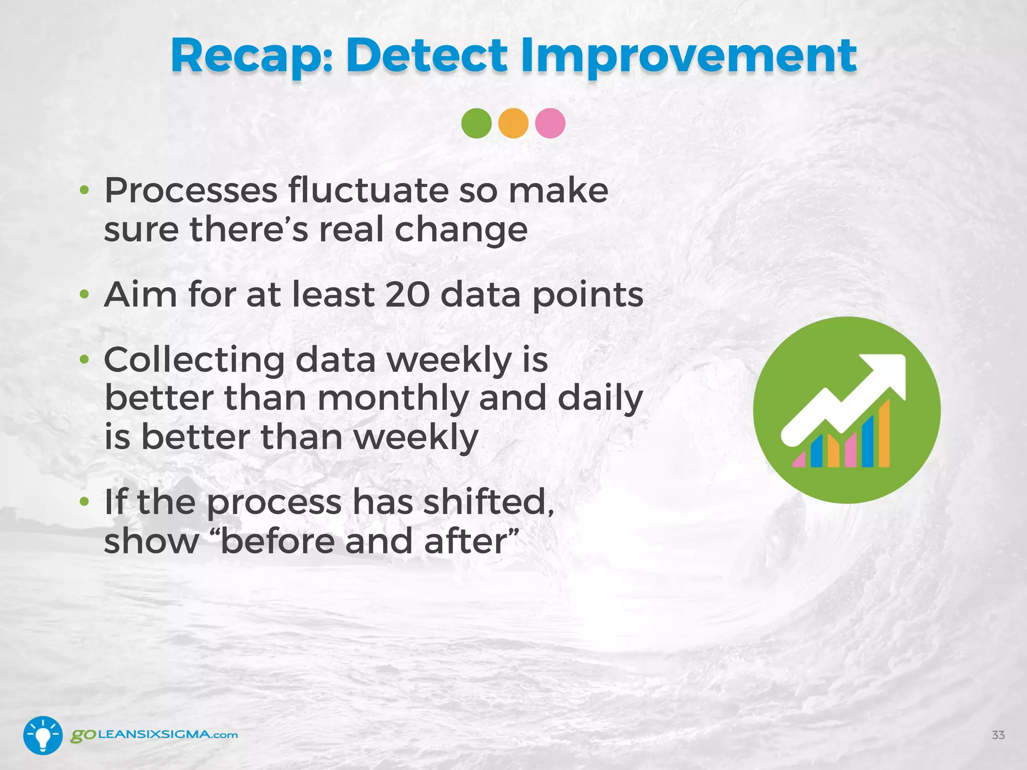 Recap: Detect Improvement
• Processes fluctuate so make
sure there’s real change
• Aim for at least 20 data points
• Collecting data weekly is
better than monthly and daily
is better than weekly
• If the process has shifted,
show “before and after”
33
 