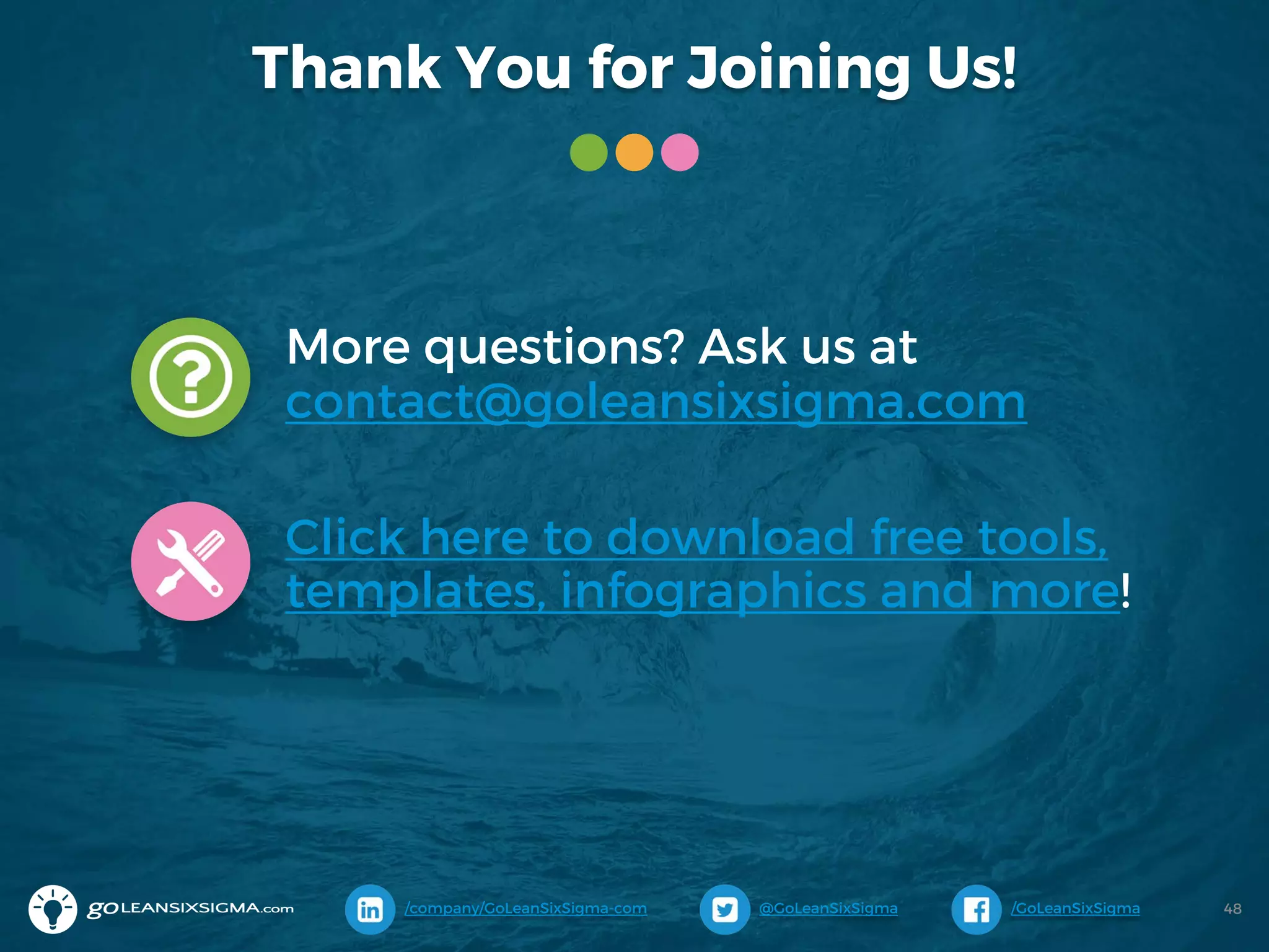 Thank You for Joining Us!
More questions? Ask us at
contact@goleansixsigma.com
Click here to download free tools,
templates, infographics and more!
@GoLeanSixSigma/company/GoLeanSixSigma-com /GoLeanSixSigma 48
 