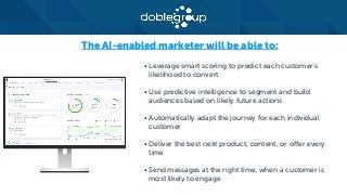 • Leverage smart scoring to predict each customer’s
likelihood to convert
• Use predictive intelligence to segment and build
audiences based on likely future actions
• Automatically adapt the journey for each individual
customer
• Deliver the best next product, content, or offer every
time
• Send messages at the right time, when a customer is
most likely to engage
The AI-enabled marketer will be able to:
 