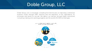 Doble Group, LLC
Doble Group, LLC is a boutique consulting firm that focuses on improving commercial
business results through CRM solutions and the alignment of the organization, its
processes and teams for success. We deliver our services through highly customized
consulting, training and coaching programs and the world’s #1 CRM technologies.
 