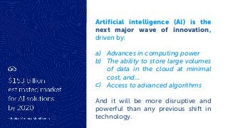 Artificial intelligence (AI) is the
next major wave of innovation,
driven by:
a) Advances in computing power
b) The ability to store large volumes
of data in the cloud at minimal
cost, and…
c) Access to advanced algorithms
And it will be more disruptive and
powerful than any previous shift in
technology.
 