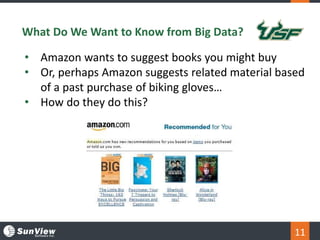 11
What Do We Want to Know from Big Data?
• Amazon wants to suggest books you might buy
• Or, perhaps Amazon suggests rela...