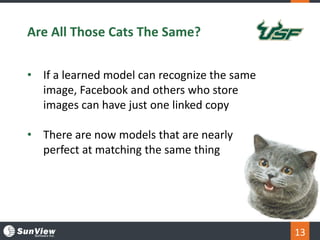 13
Are All Those Cats The Same?
• If a learned model can recognize the same
image, Facebook and others who store
images ca...