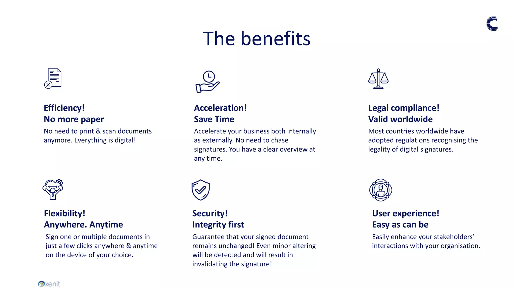 The benefits
Efficiency!
No more paper
Acceleration!
Save Time
No need to print & scan documents
anymore. Everything is digital!
Sign one or multiple documents in
just a few clicks anywhere & anytime
on the device of your choice.
Flexibility!
Anywhere. Anytime
Accelerate your business both internally
as externally. No need to chase
signatures. You have a clear overview at
any time.
Security!
Integrity first
Legal compliance!
Valid worldwide
Guarantee that your signed document
remains unchanged! Even minor altering
will be detected and will result in
invalidating the signature!
Most countries worldwide have
adopted regulations recognising the
legality of digital signatures.
User experience!
Easy as can be
Easily enhance your stakeholders’
interactions with your organisation.
 
