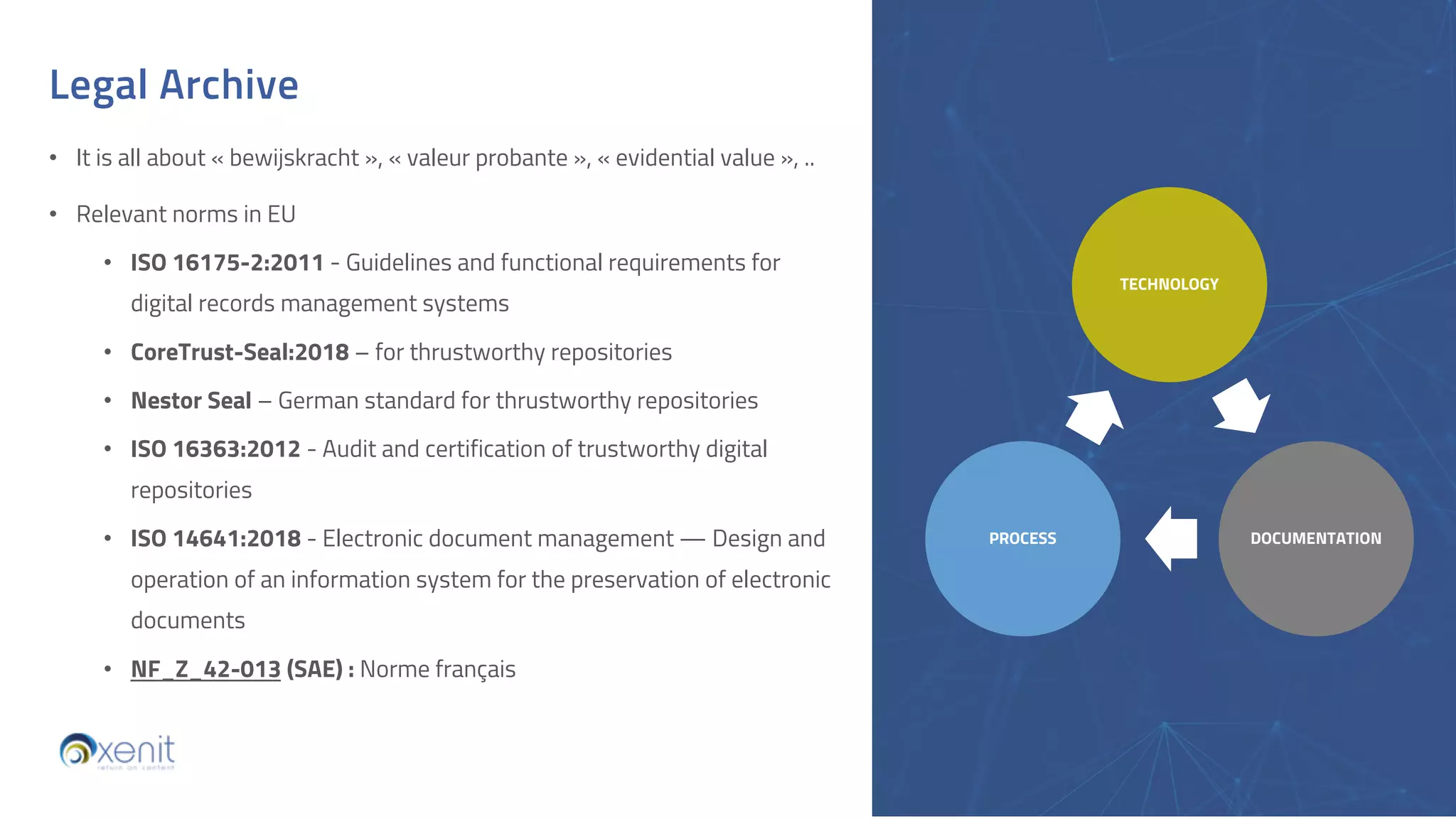 Legal Archive
• It is all about « bewijskracht », « valeur probante », « evidential value », ..
• Relevant norms in EU
• ISO 16175-2:2011 - Guidelines and functional requirements for
digital records management systems
• CoreTrust-Seal:2018 – for thrustworthy repositories
• Nestor Seal – German standard for thrustworthy repositories
• ISO 16363:2012 - Audit and certification of trustworthy digital
repositories
• ISO 14641:2018 - Electronic document management — Design and
operation of an information system for the preservation of electronic
documents
• NF_Z_42-013 (SAE) : Norme français
TECHNOLOGY
DOCUMENTATION
PROCESS
 