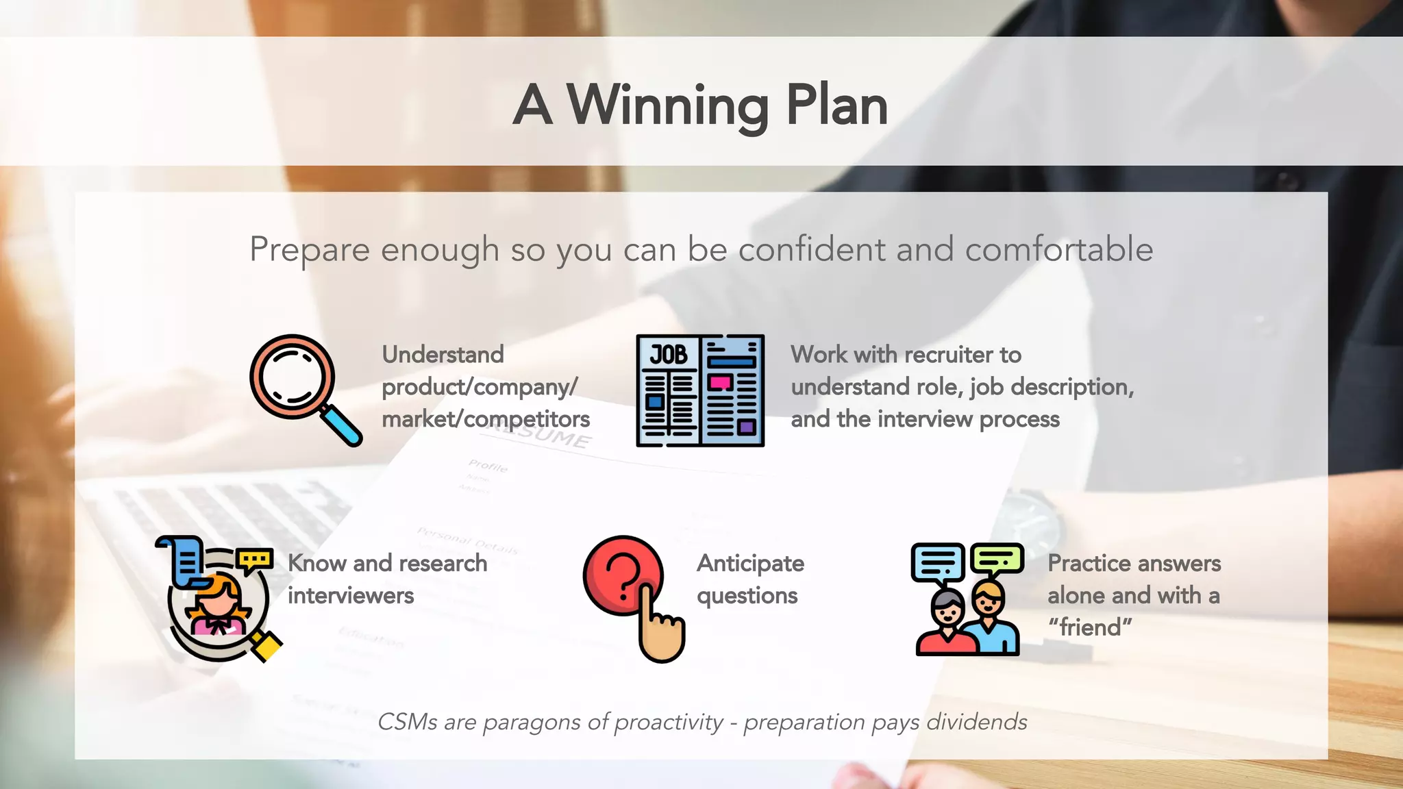 A Winning Plan
Prepare enough so you can be confident and comfortable
Understand
product/company/
market/competitors
Work with recruiter to
understand role, job description,
and the interview process
Know and research
interviewers
Anticipate
questions
Practice answers
alone and with a
“friend”
CSMs are paragons of proactivity - preparation pays dividends
 