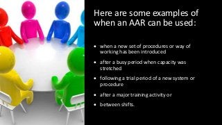 Here are some examples of
when an AAR can be used:
 when a new set of procedures or way of
working has been introduced
 after a busy period when capacity was
stretched
 following a trial period of a new system or
procedure
 after a major training activity or
 between shifts.
 
