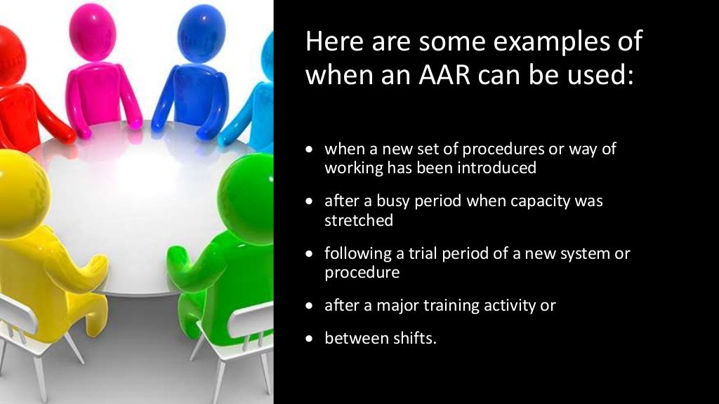 Here are some examples of
when an AAR can be used:
 when a new set of procedures or way of
working has been introduced
 after a busy period when capacity was
stretched
 following a trial period of a new system or
procedure
 after a major training activity or
 between shifts.
 