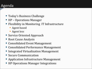 Agenda Today’s Business Challenge HP – Operations Manager  Flexibility in Monitoring  IT Infrastructure Agent based Agent less Service Oriented Approach Root Cause Analysis Consolidated Event Management Consolidated Performance Management Integrated Virtualization Management Secure Communication Application Infrastructure Management HP Operations Manager Integrations 