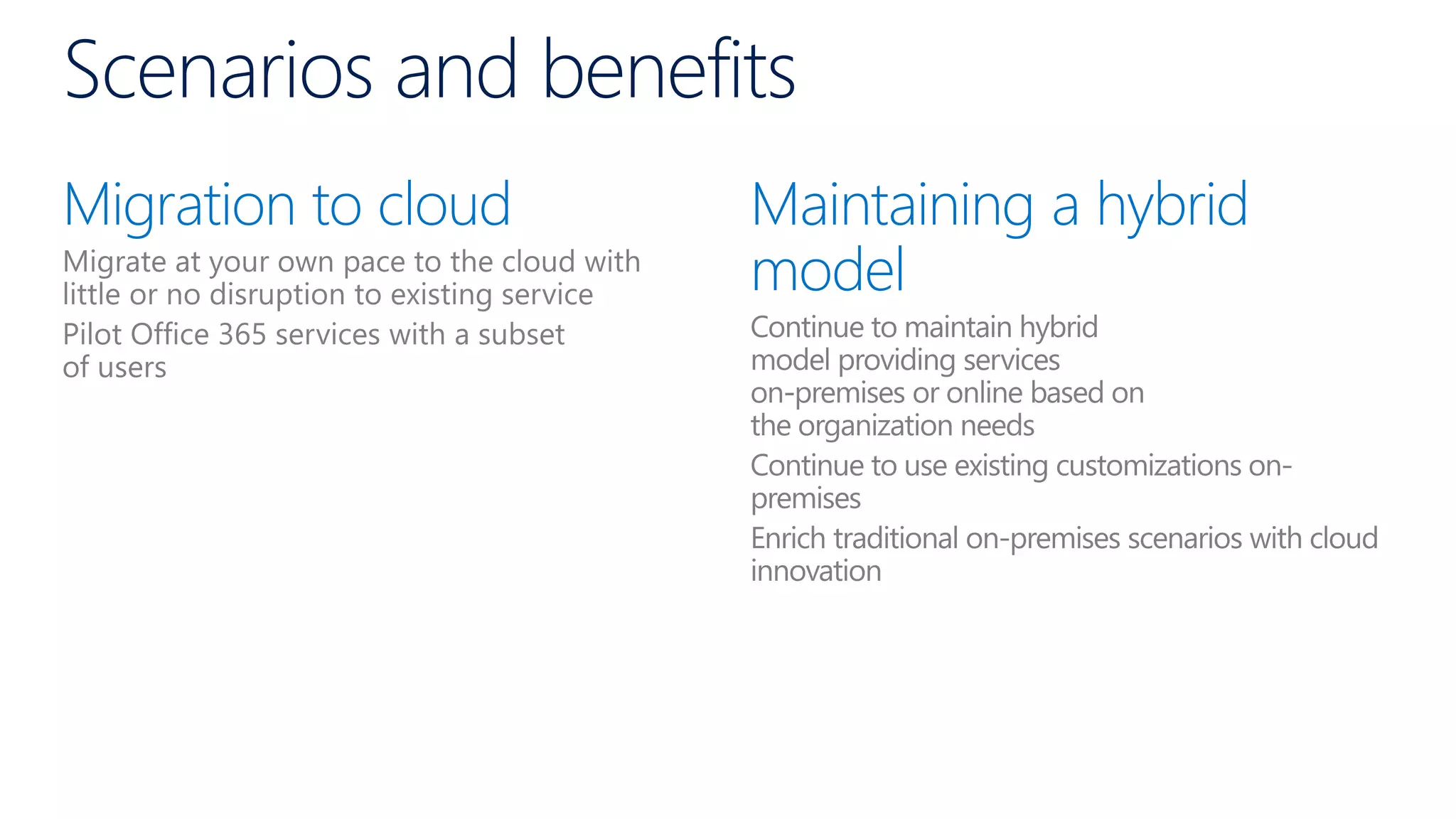 Scenarios and benefits
Migration to cloud Maintaining a hybrid
model
 