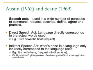 Austin (1962) and Searle (1969)  Speech acts  – used in a wide number of purposes to command, request, describe, define, agree and promise.  Direct Speech Act: Language directly corresponds to the actual words used.  Eg.: Turn down the heat (request) Indirect Speech Act: what’s done in a language only indirectly correspond to the language used.  Eg.: It’s hot in here, (request – indirect one).  Ps. Non-native English speakers often have great difficult acquiring indirect speech acts. 