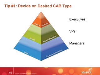 10
Tip #1: Decide on Desired CAB Type
Executives
VPs
Managers
 