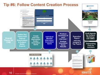 16
Produce
summary
of each
interview
Theme
from
Strategy
Workshop
Overall
Theme for
CAB
Gather Key
Topics from
Internal
Stakeholders
& Subject
Matter
Experts
Create
Interview
Discussion
Guide /
Innovation
Game
Individual
Member
Interviews /
Innovation
Game
Produce
Summary of
each
interview /
Analyze
Innovation
Game
Results
Executive
Report
with Key
Insights &
Top Topics
Draft Agenda
for Content
Workshop
with SMEs
Tip #6: Follow Content Creation Process
Onboarding
Pack for
members
 