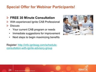 24
Special Offer for Webinar Participants!
FREE 30 Minute Consultation
With experienced Ignite CAB Professional
Discuss
• Your current CAB program or needs
• Immediate suggestions for improvement
• Next steps to begin maximizing benefits
Register: http://info.igniteag.com/schedule-
consultation-with-ignite-advisory-group
 