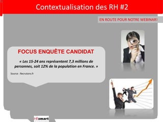 Contextualisation des RH #2 
EN ROUTE POUR NOTRE WEBINAR! 
FOCUS ENQUÊTE CANDIDAT 
« Les 15-24 ans représentent 7,3 millions de 
personnes, soit 12% de la population en France. » 
Source : Recrutons.fr 
 