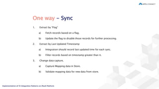One way - Sync
1. Extract by “Flag”
a) Fetch records based on a flag.
b) Update the flag to disable those records for further processing.
2. Extract by Last Updated Timestamp
a) Integration should record last updated time for each sync.
b) Filter records based on timestamp greater than it.
3. Change data capture.
a) Capture Mapping data in Store.
b) Validate mapping data for new data from store.
 